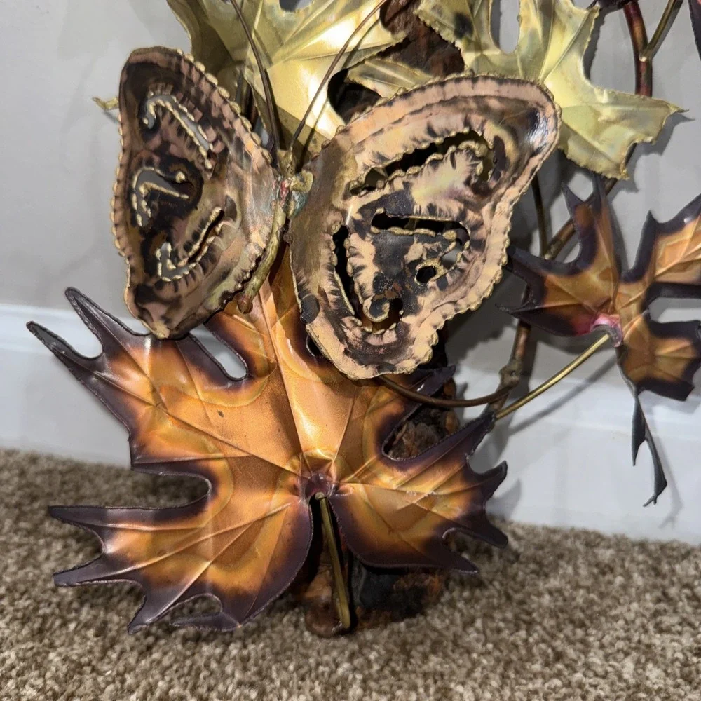 Vtg MCM Metal Wall Art Butterfly & Maple Leaves Brass Copper Brutalist Wood - Picture 3 of 6